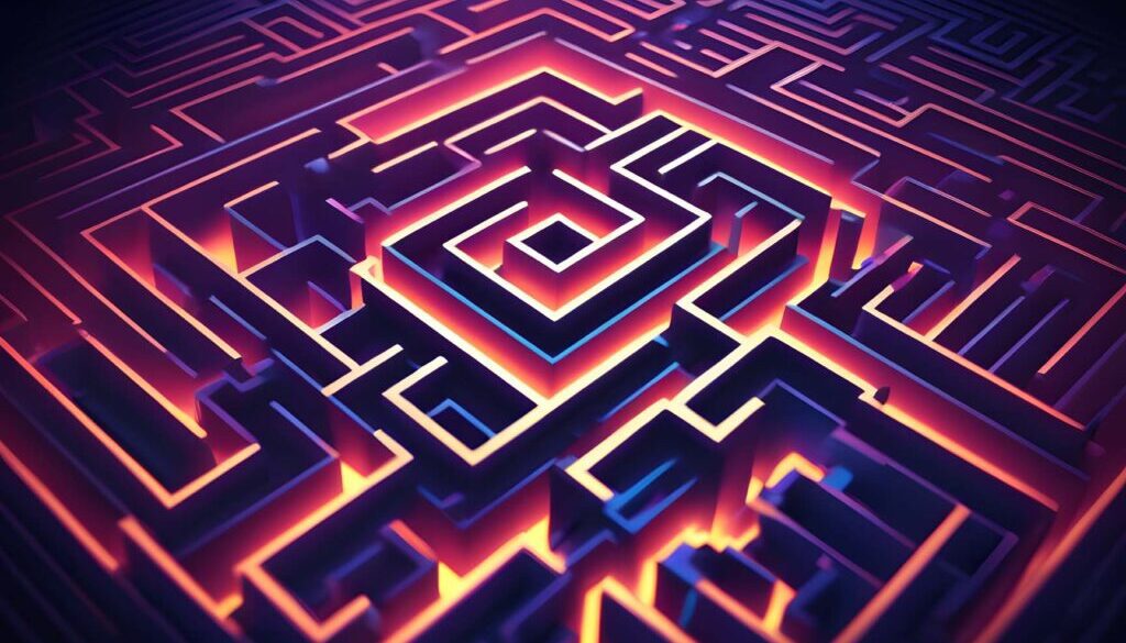 A stylized maze, its walls glowing in gradient light, leading to